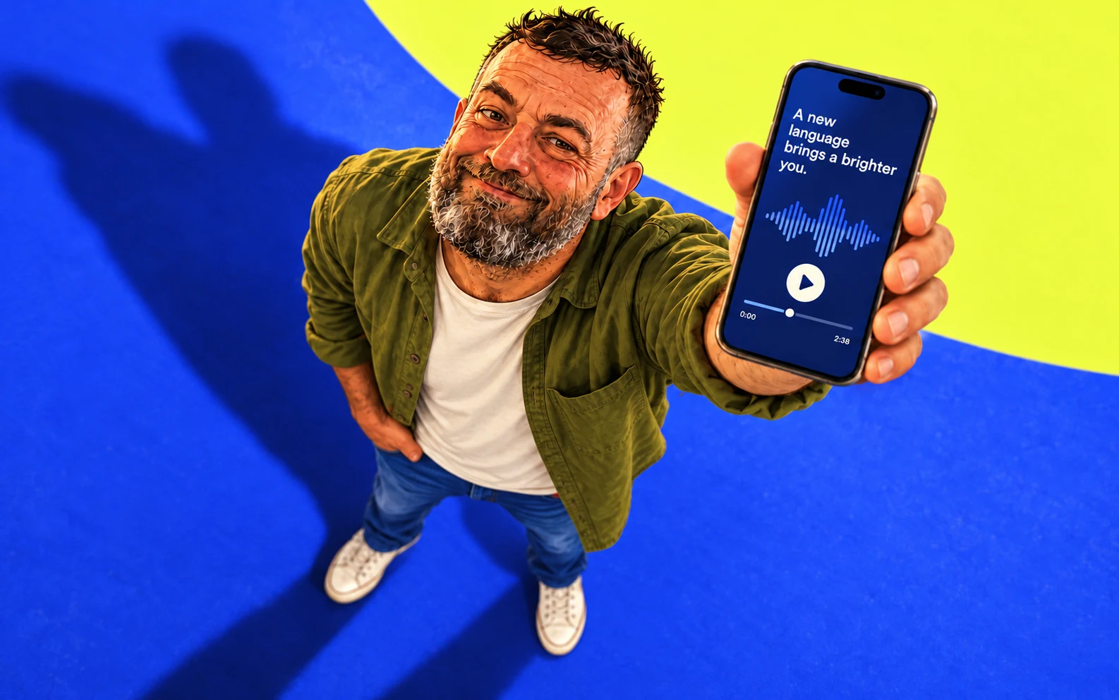Ricky looks up with a sheepish grin, holding out a phone with an audio lesson.
