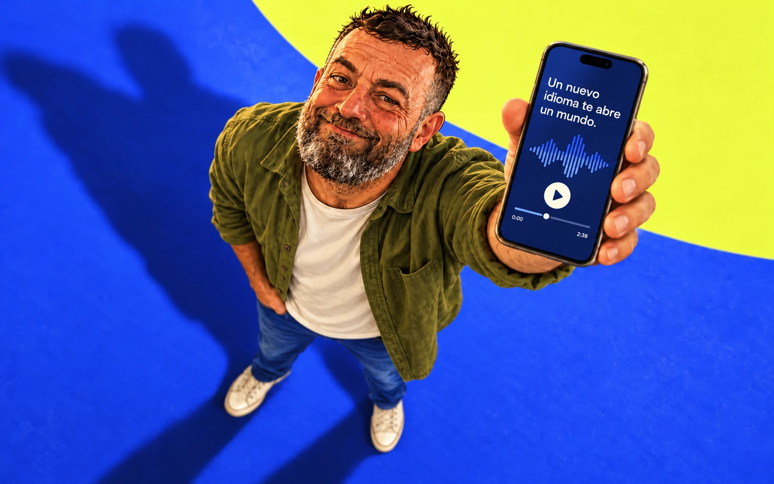 Ricky mira hacia arriba con una sonrisa tímida y muestra un móvil con una lección de audio.
